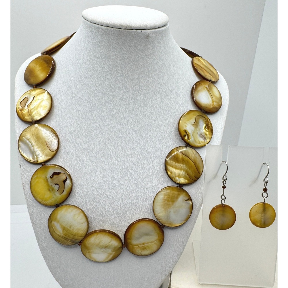 Golden Brown Shell Disc Statement Necklace & Matching Drop Earrings Jewelry Set